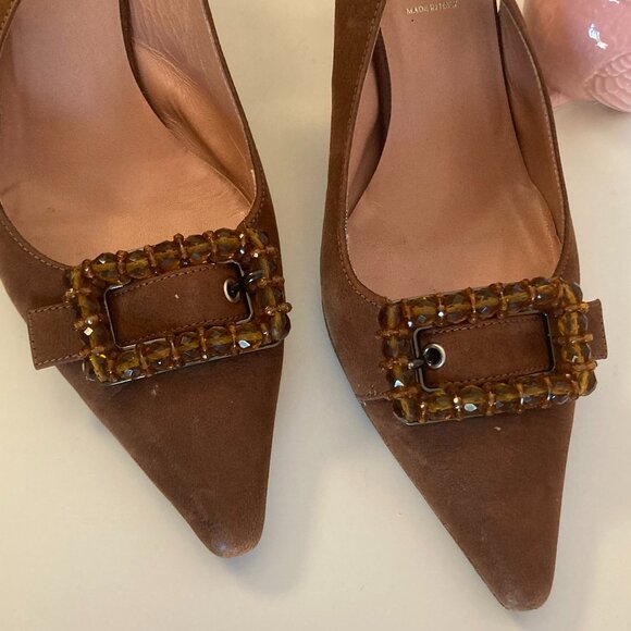 Prada chocolate brown suede beaded buckle slingbacks, sz. 38.5 - Picture 3 of 5